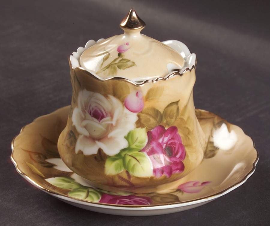 Heritage Brown (Floral) Jam/Jelly & Lid W/Underplate by Lefton-1
