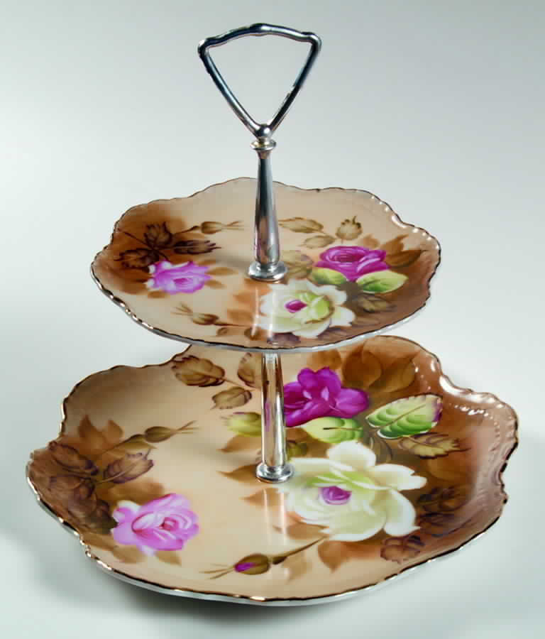 Heritage Brown (Floral) 2 Tiered Serving Tray (Lunch & Bread/Butter Plate) by Lefton-1