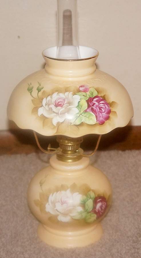 Heritage Brown (Floral) Miniature Oil Lamp with Shade and Glass Chimney by Lefton-1