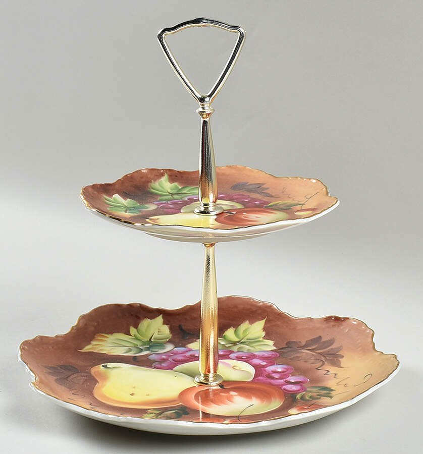 Heritage Brown (Fruit) 2 Tiered Serving Tray (Lunch & Bread/Butter Plate) by Lefton-1
