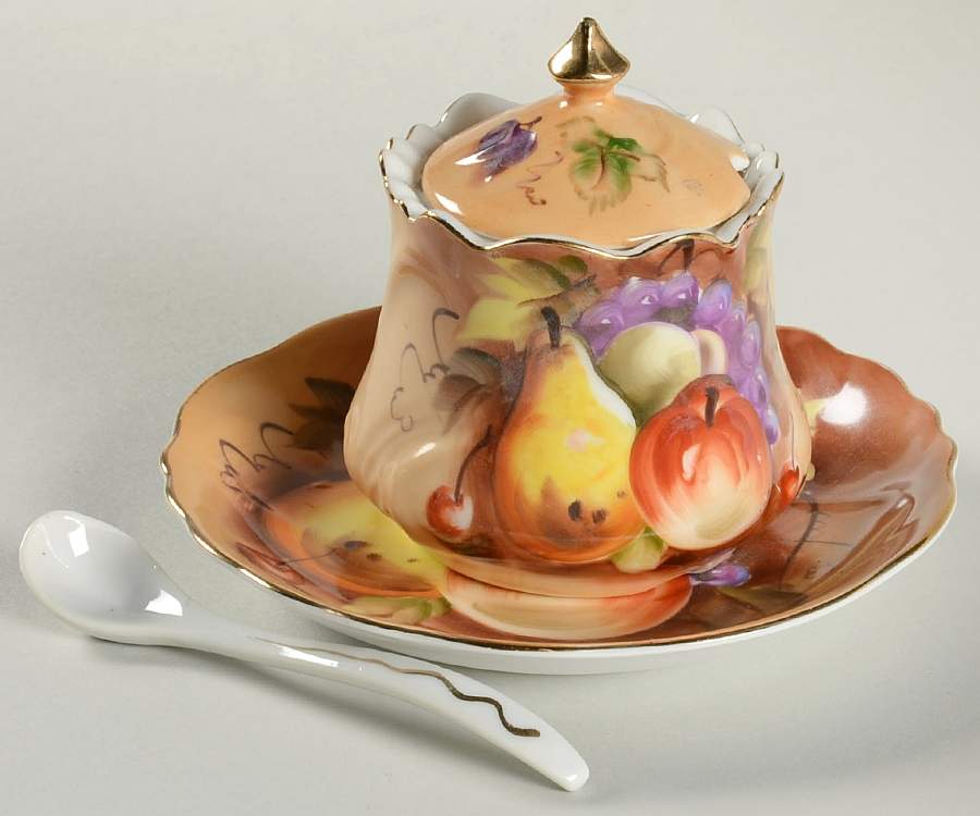 Heritage Brown (Fruit) Jam/Jelly & Lid w/Underplate & Spoon by Lefton-1