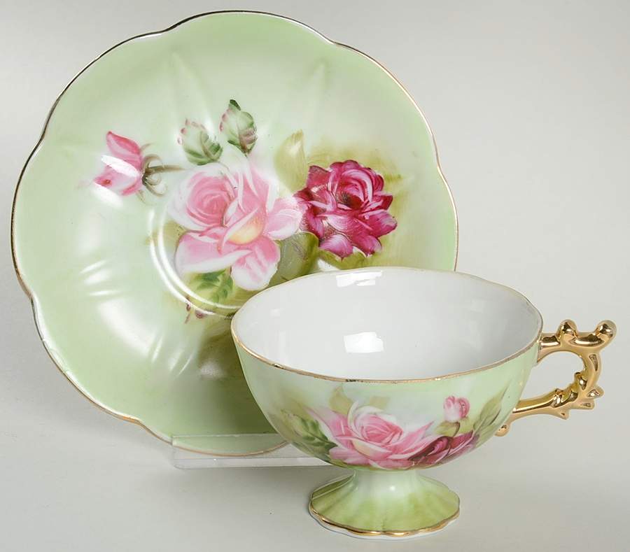 Heritage Green Footed Cup & Saucer Set by Lefton-1
