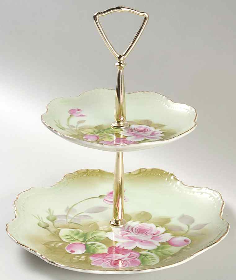 Heritage Green 2 Tiered Serving Tray (Lunch & Bread/Butter Plate) by Lefton-1