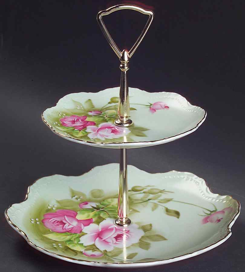 Heritage Green 2 Tiered Serving Tray (Dinner & Salad Plate) by Lefton-1