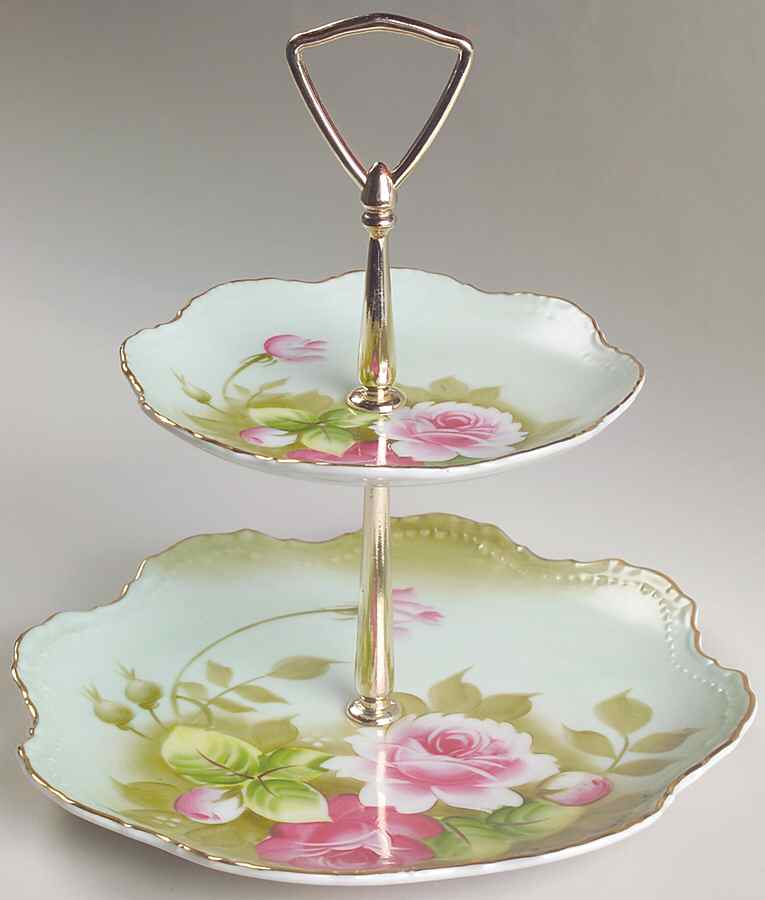 Heritage Green 2 Tiered Serving Tray (Lunch & Bread/Butter Plate) by Lefton-1