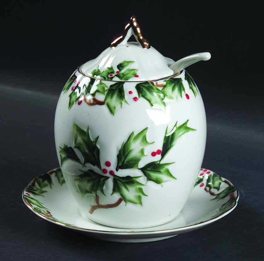 Holly Garland Jam/Jelly & Lid, Ladle & Underplate by Lefton-1