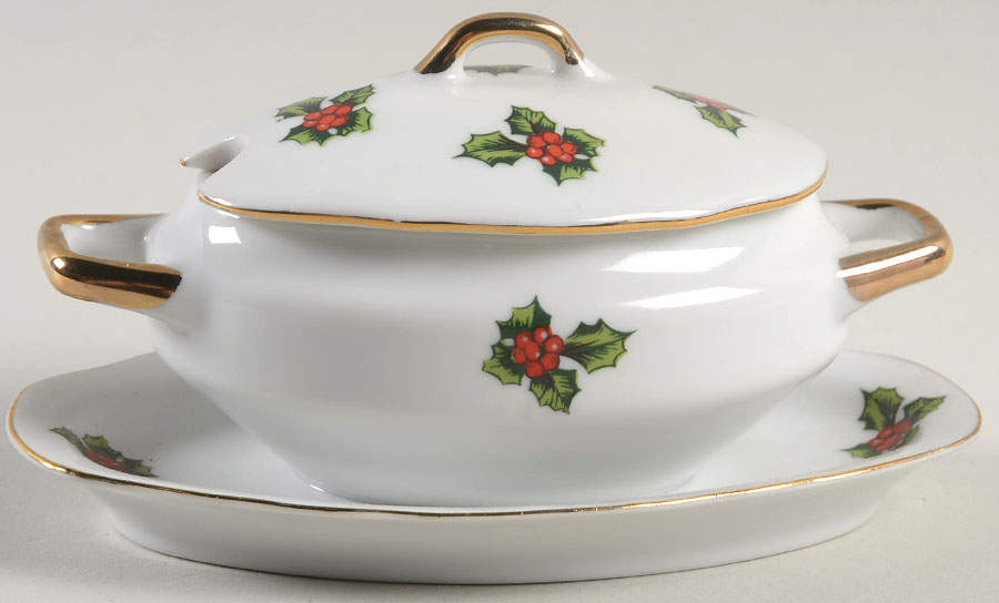Holly Individual Gravy Boat & Lid W/Attached Underplate by Lefton-1