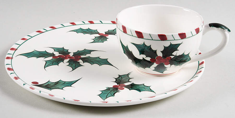 Holly Candy Cane Snack Plate & Cup Set by Lefton-1