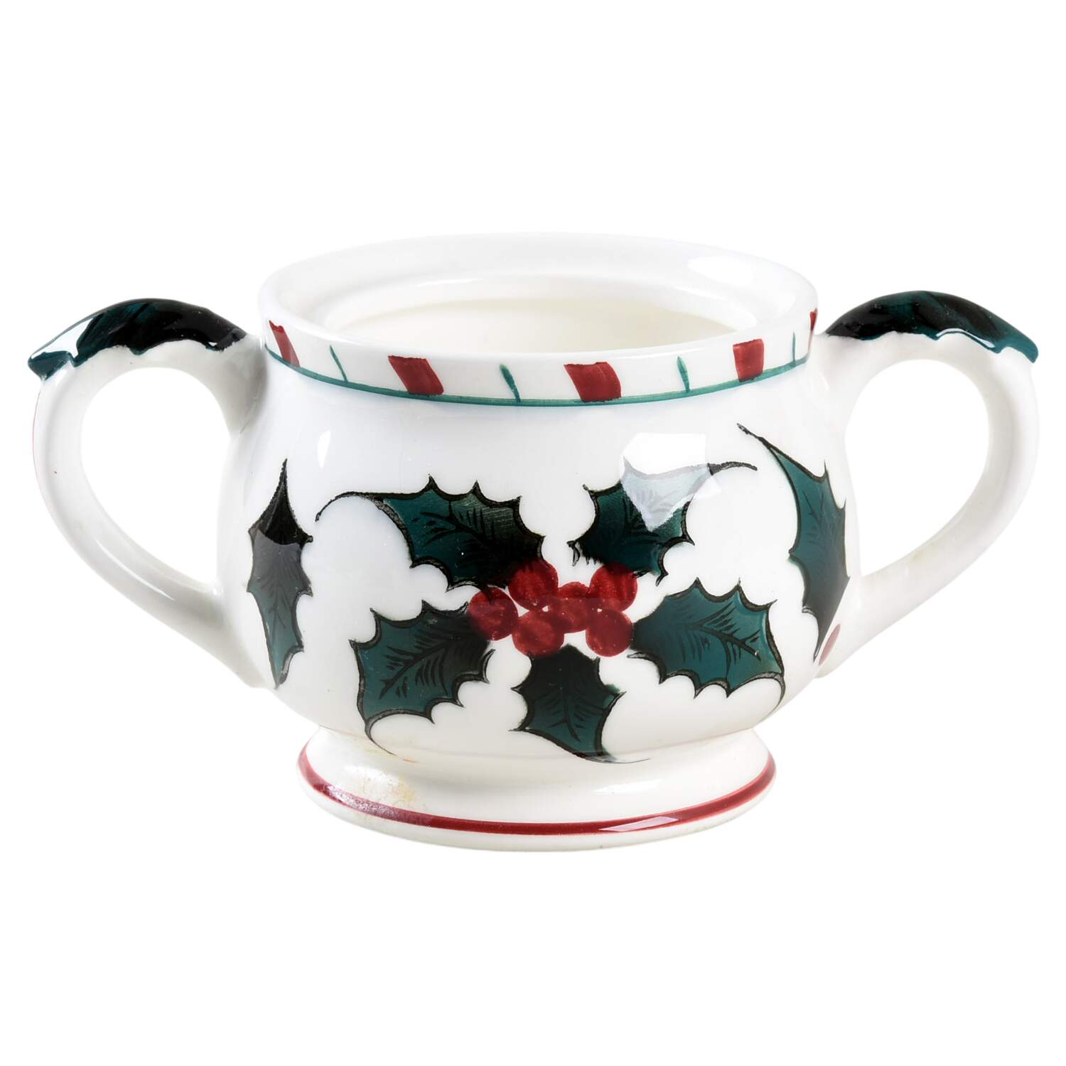 Holly Candy Cane Sugar Bowl No Lid by Lefton-1