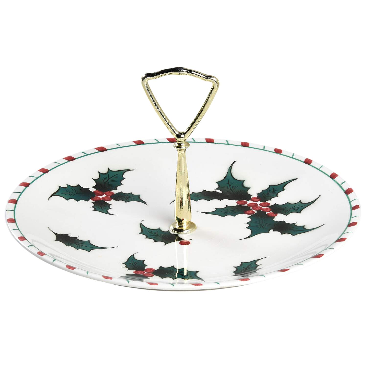 Holly Candy Cane Round Serving Plate with Handle (DP) by Lefton-1