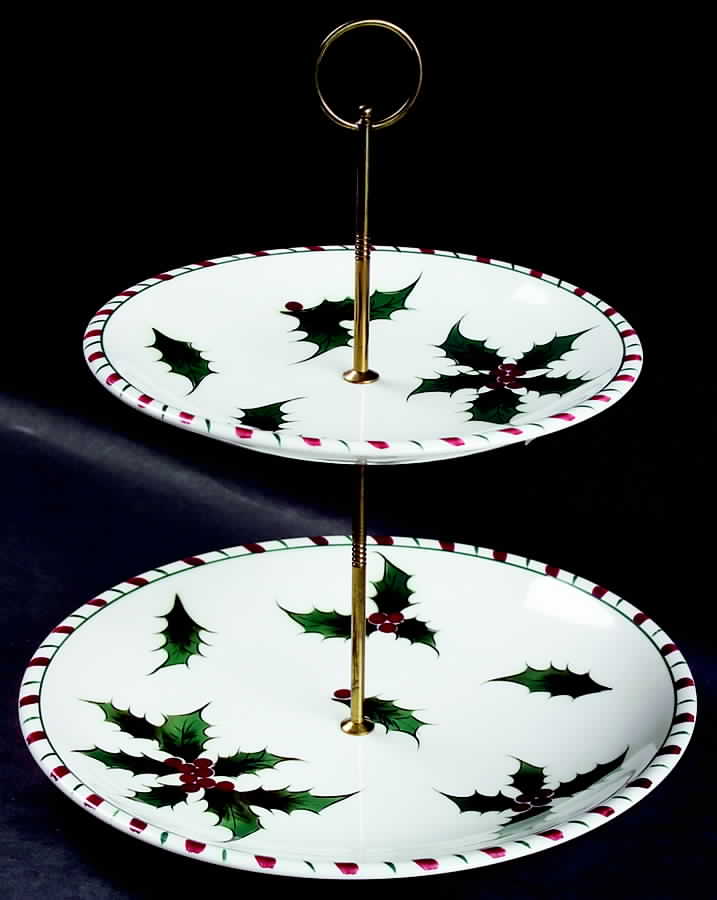 Holly Candy Cane 2 Tiered Serving Tray (Lunch & Bread/Butter Plate) by Lefton-1