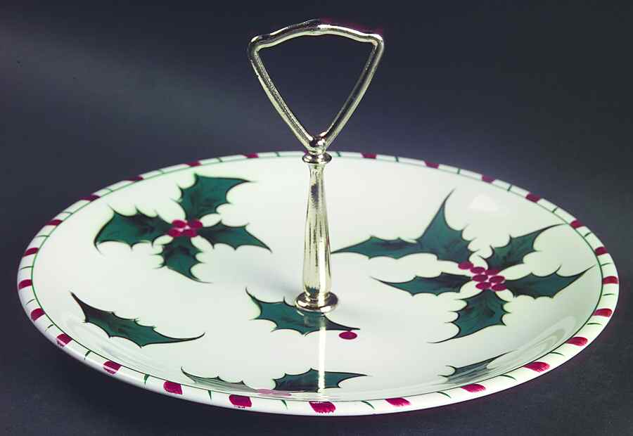 Holly Candy Cane Round Serving Plate with Handle (LP) by Lefton-1