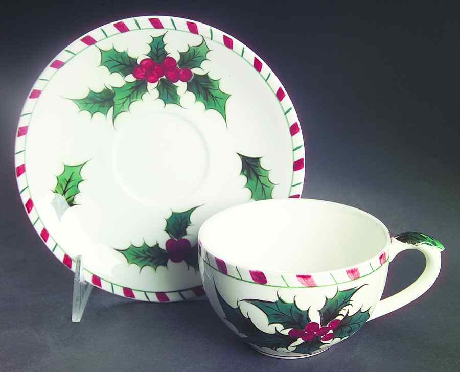 Holly Candy Cane Flat Cup & Saucer Set by Lefton-1