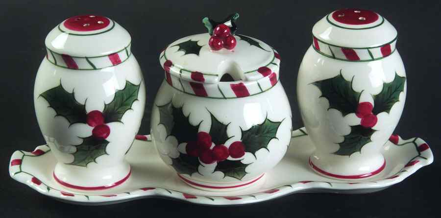 Holly Candy Cane (5 Pc) Salt & Pepper, Mustard & Lid w/Tray by Lefton-1