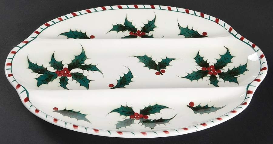 Holly Candy Cane 3 Part Oblong Divided Server by Lefton-1