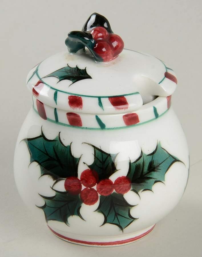 Holly Candy Cane Mustard Jar & Lid by Lefton-1