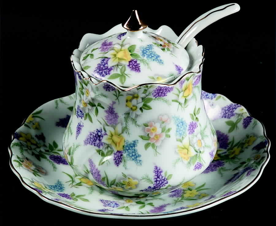 Lilac Chintz Jam/Jelly & Lid, Ladle & Underplate by Lefton-1