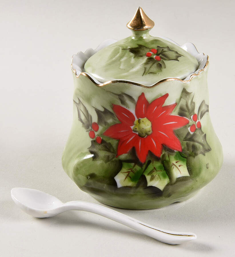 Poinsettia Jam/Jelly & Lid W/Spoon by Lefton-1