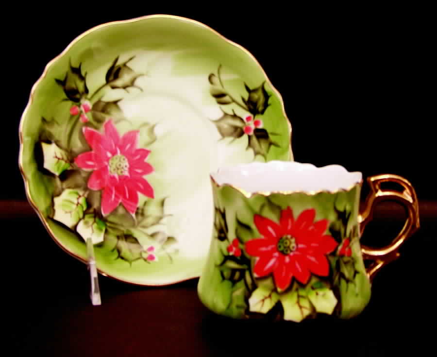 Poinsettia Flat Cup & Saucer Set by Lefton-1