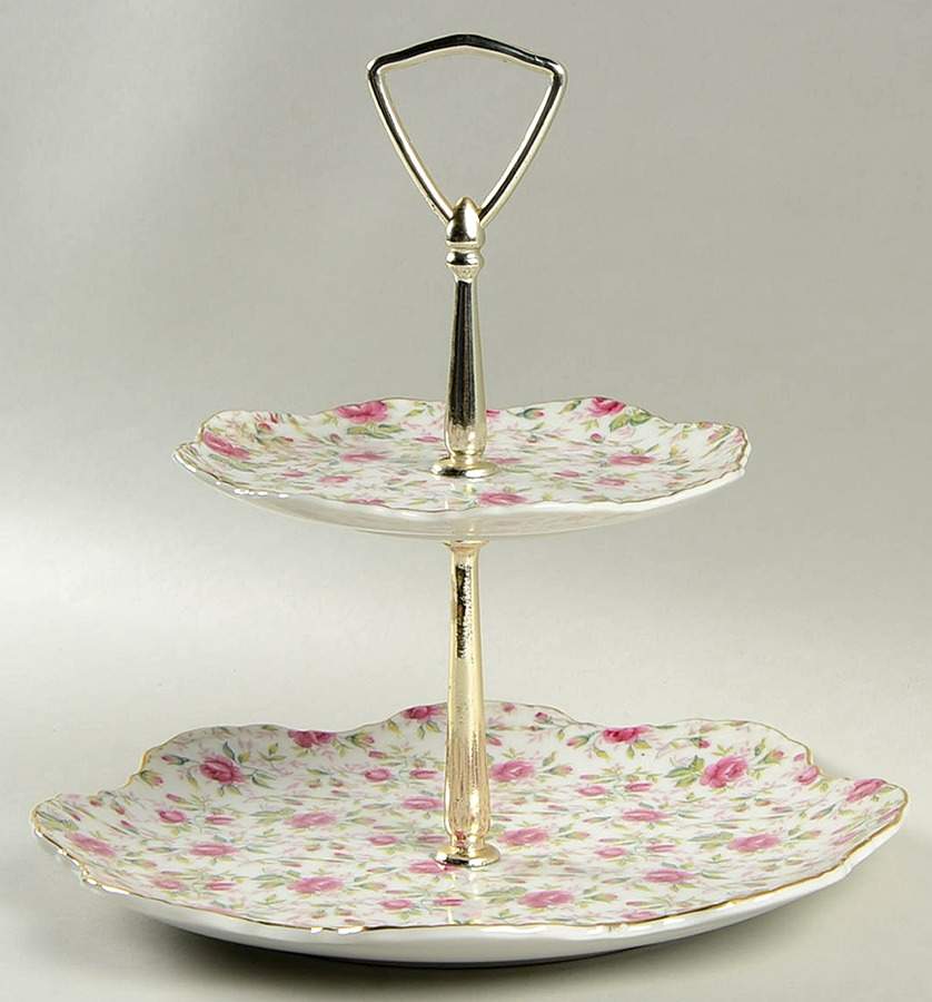 Rose Chintz 2 Tiered Serving Tray (Dinner&Bread/Butter Plate) by Lefton-1