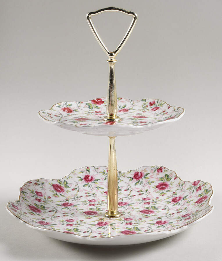 Rose Chintz 2 Tiered Serving Tray (Lunch & Bread/Butter Plate) by Lefton-1