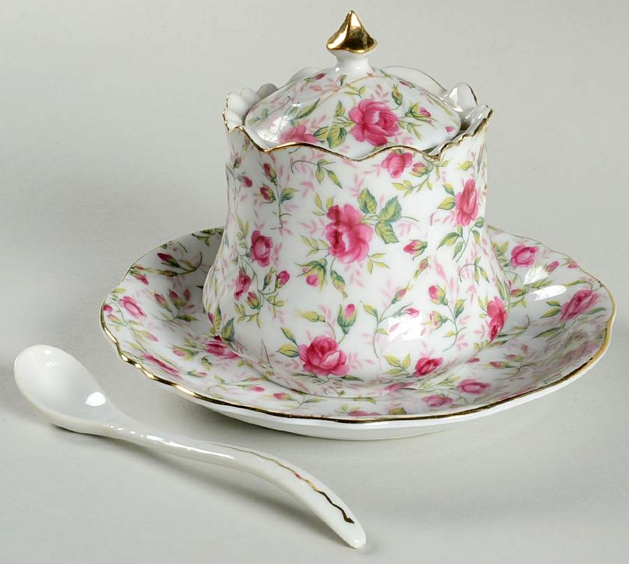 Rose Chintz Jam/Jelly & Lid, Ladle & Underplate by Lefton-1