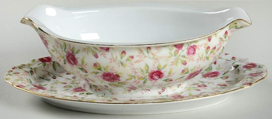 Rose Chintz Gravy Boat with Attached Underplate by Lefton-1