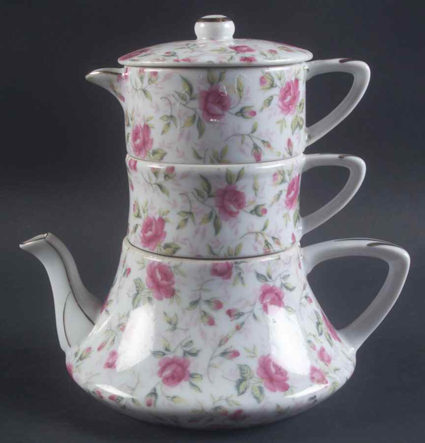Rose Chintz Mini Teapot Stacking Set (Creamer, Sugar) by Lefton-1
