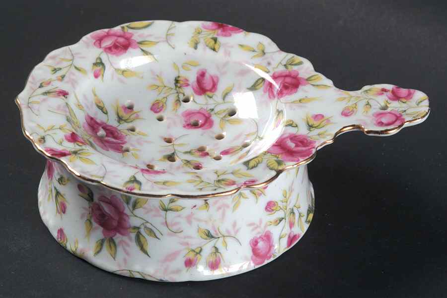 Rose Chintz Tea Strainer & Bowl by Lefton-1