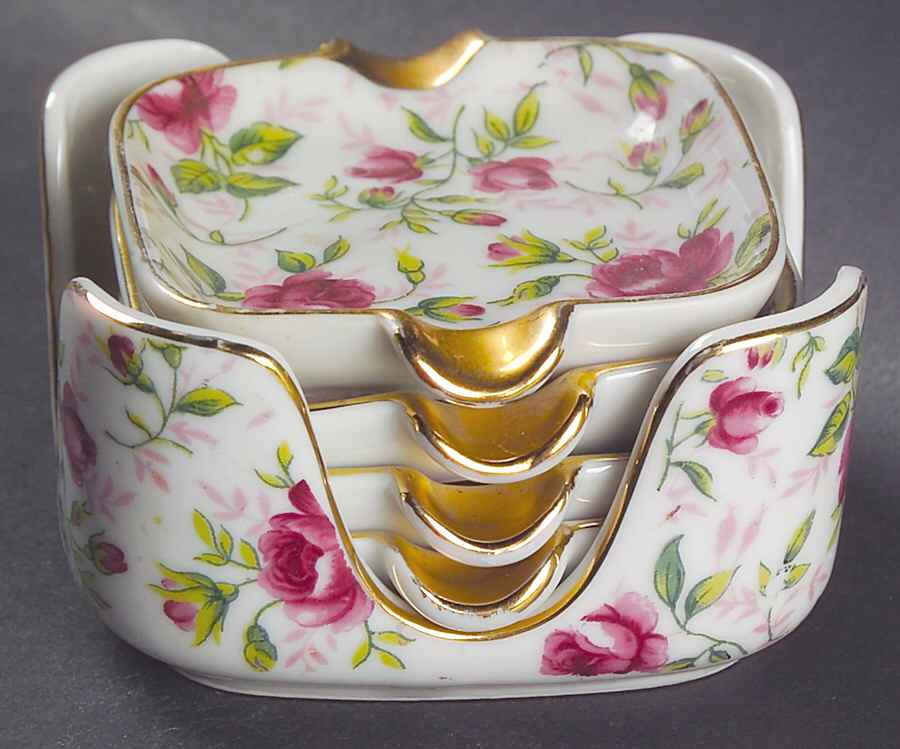 Rose Chintz Ashtray Set W/Holder by Lefton-1