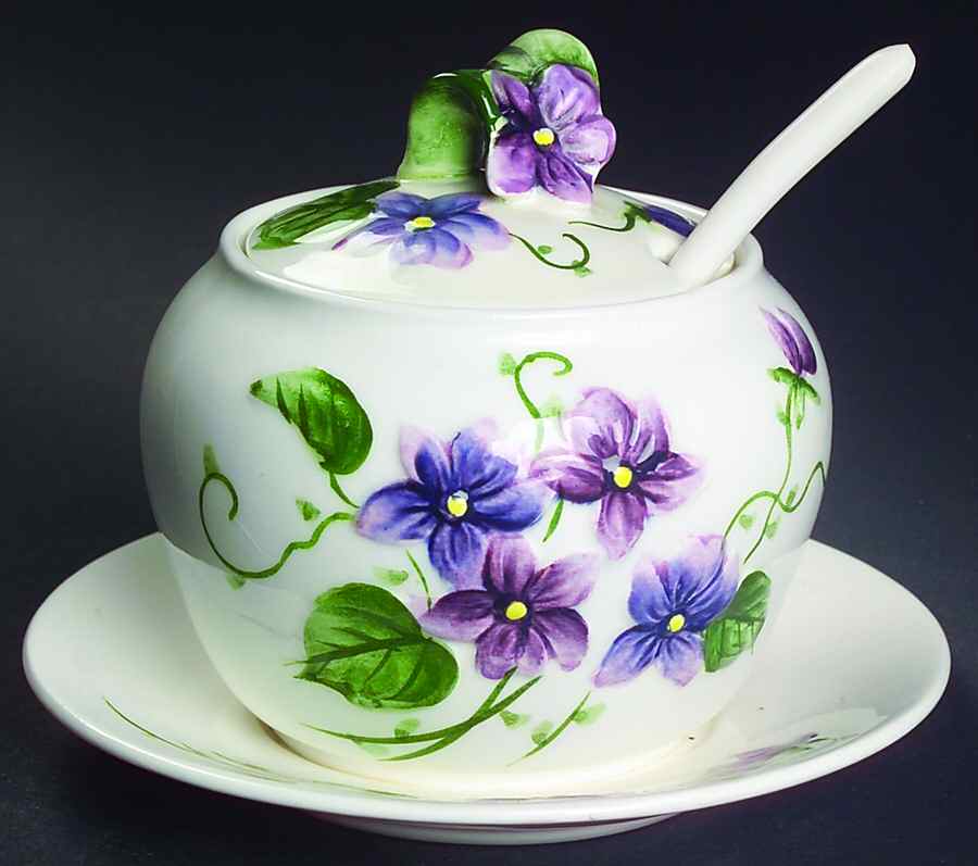 Sweet Violets Jam/Jelly & Lid w/Attached Underplate & Spoon by Lefton-1