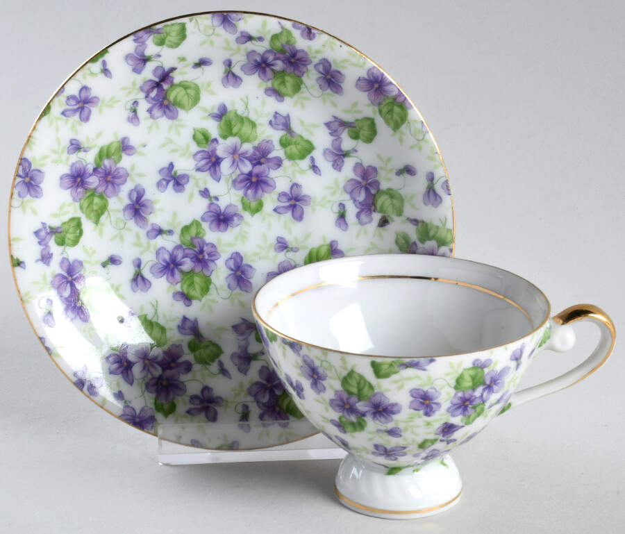 Violet Chintz Footed Demitasse Cup & Saucer Set by Lefton-1