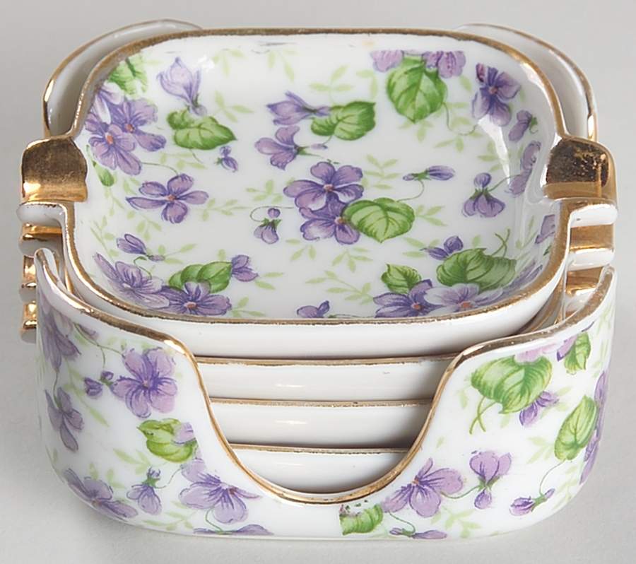Violet Chintz Ashtray Set with Holder by Lefton-1