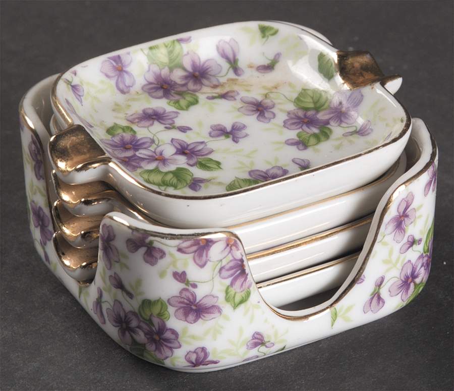 Violet Chintz Ashtray Set with Holder by Lefton-1