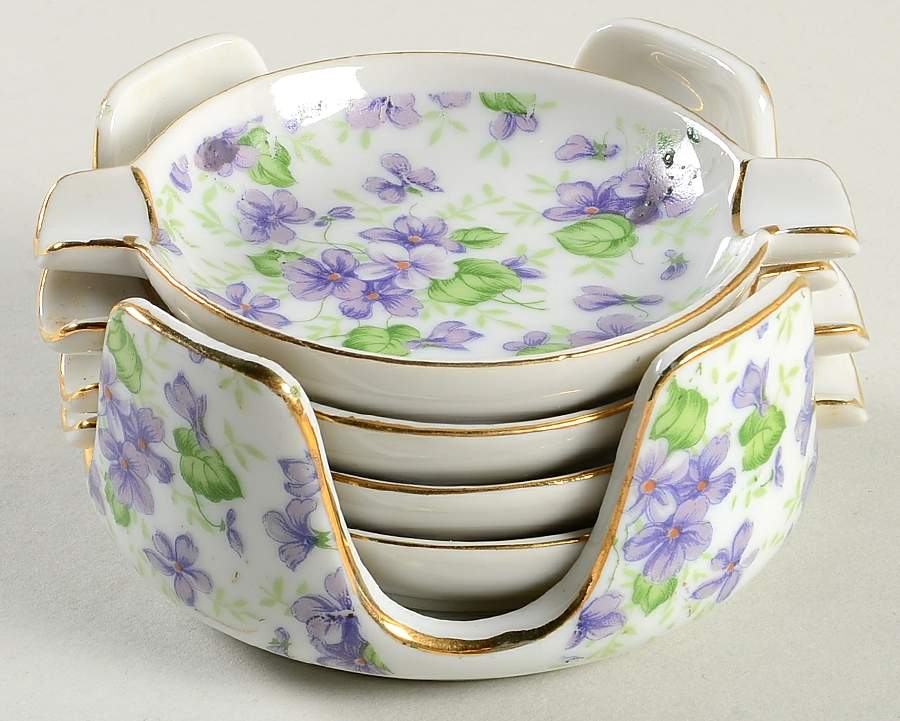 Violet Chintz Ashtray Set with Holder by Lefton-1