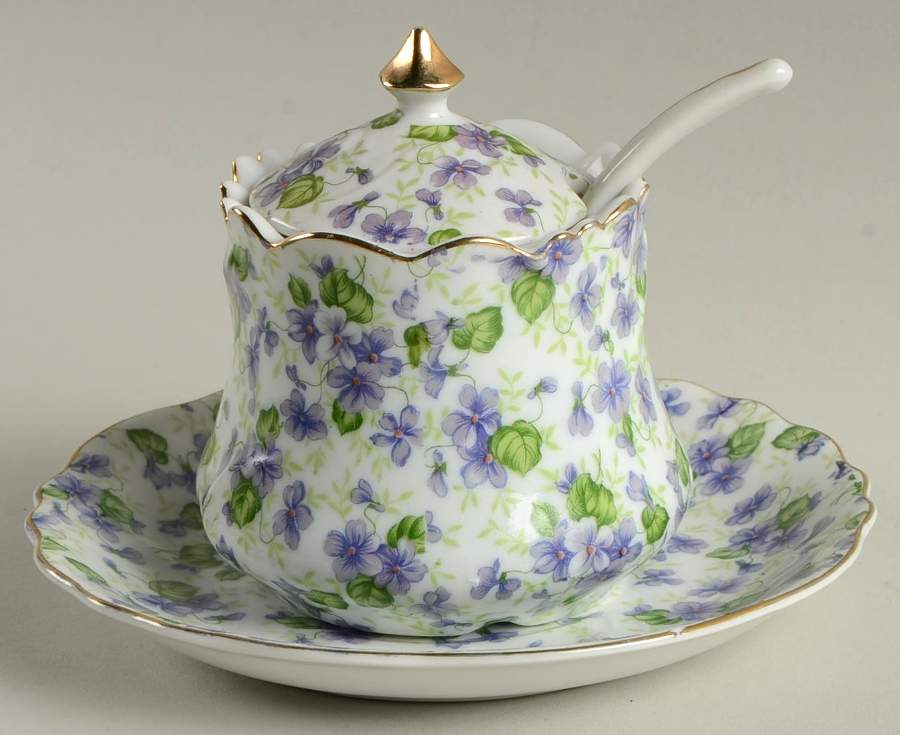 Violet Chintz Jam/Jelly & Lid, Ladle & Underplate by Lefton-1