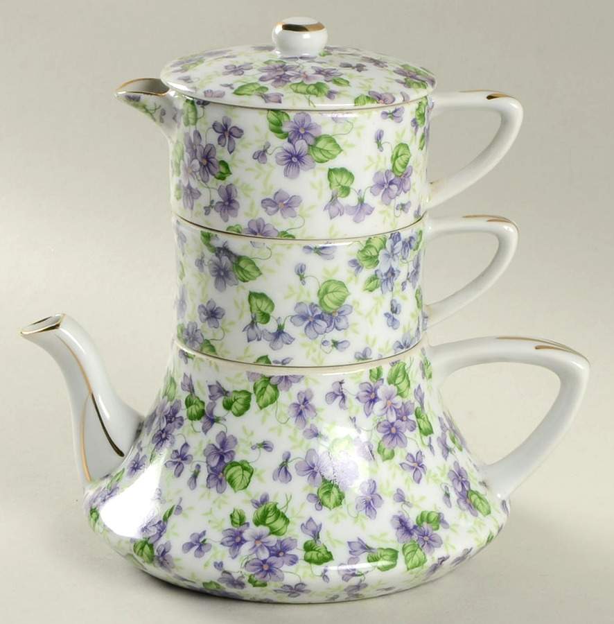 Violet Chintz Mini Teapot Stacking Set (Creamer, Sugar) by Lefton-1