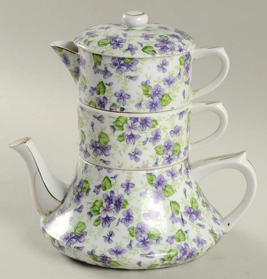 Violet Chintz Mini Tea Pot, Creamer, Sugar Stacking Set by Lefton-1