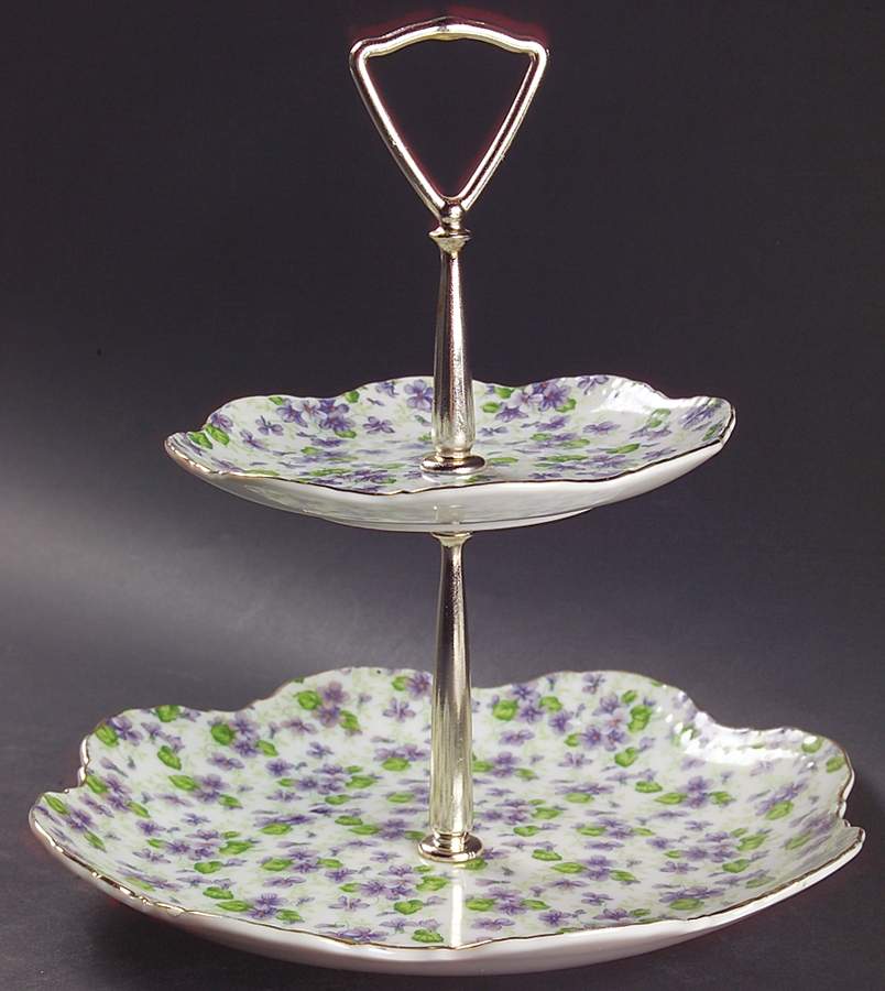 Violet Chintz 2 Tiered Serving Tray (Lunch & Bread/Butter Plate) by Lefton-1