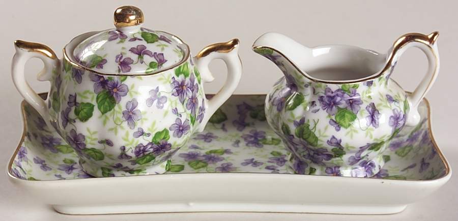 Violet Chintz Mini Creamer & Sugar with Lid & Tray by Lefton-1