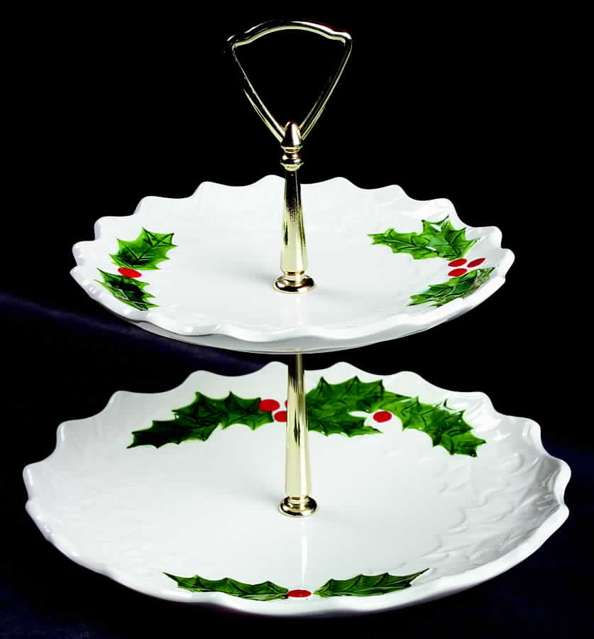 White Holly 2 Tiered Serving Tray (Luncheon & Salad Plate) by Lefton-1