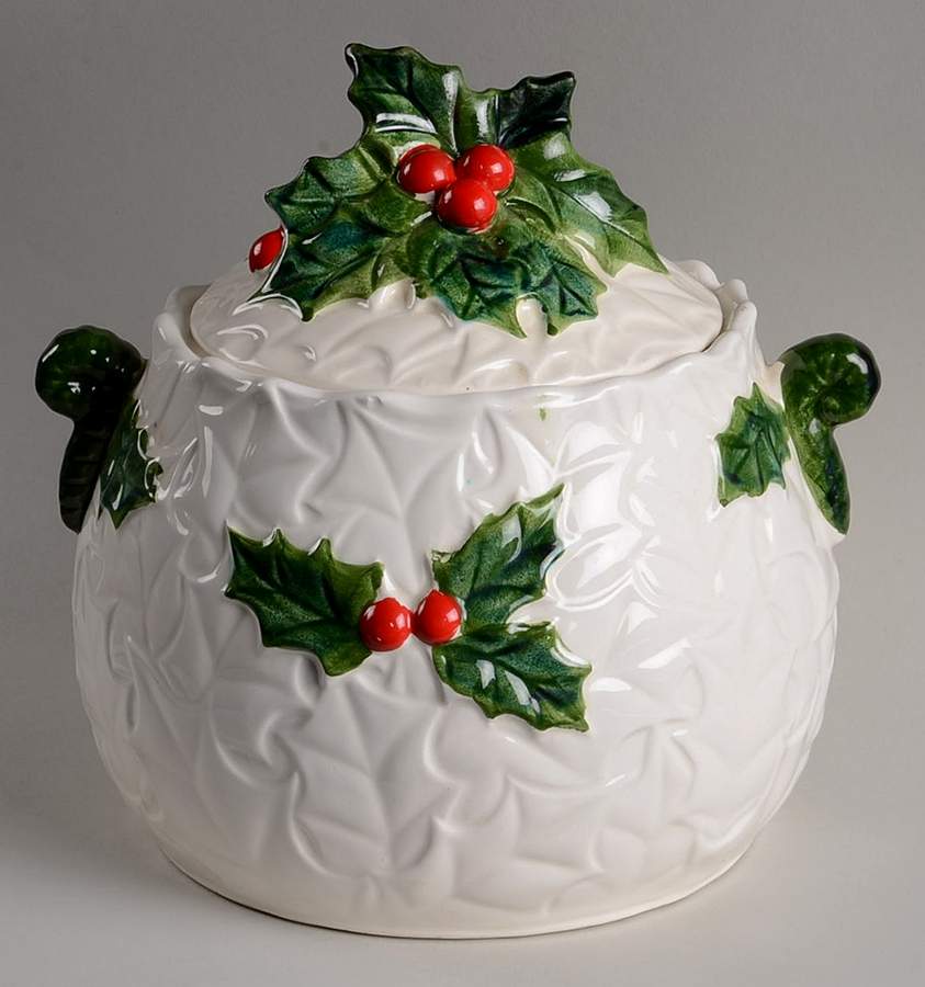 White Holly Cookie Jar & Lid by Lefton-1