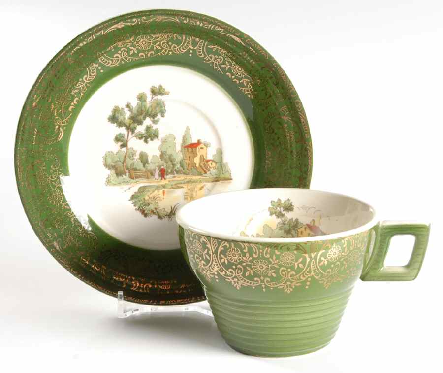 Chateau France Forest Green (Fil 1TS284) Flat Cup & Saucer Set by Limoges-American-1