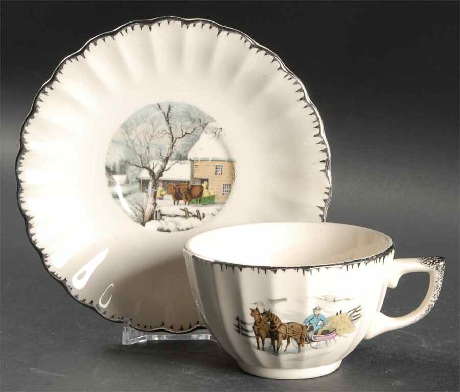 Currier & Ives (Scalloped) Flat Cup & Saucer Set by Limoges-American-1