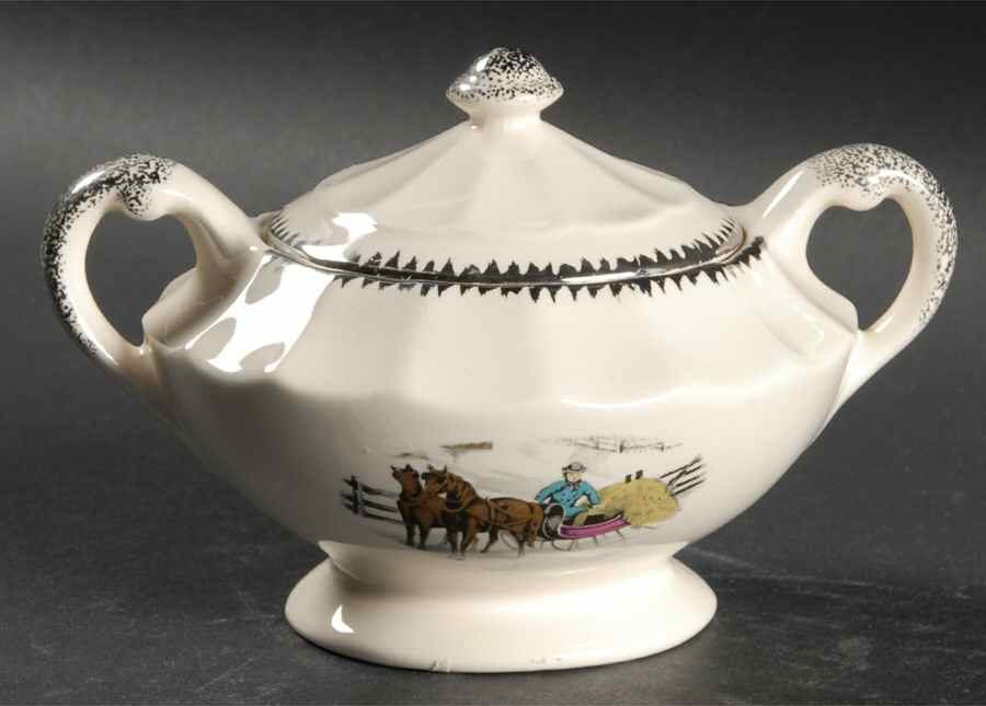 Currier & Ives (Scalloped) Sugar Bowl & Lid by Limoges-American-1