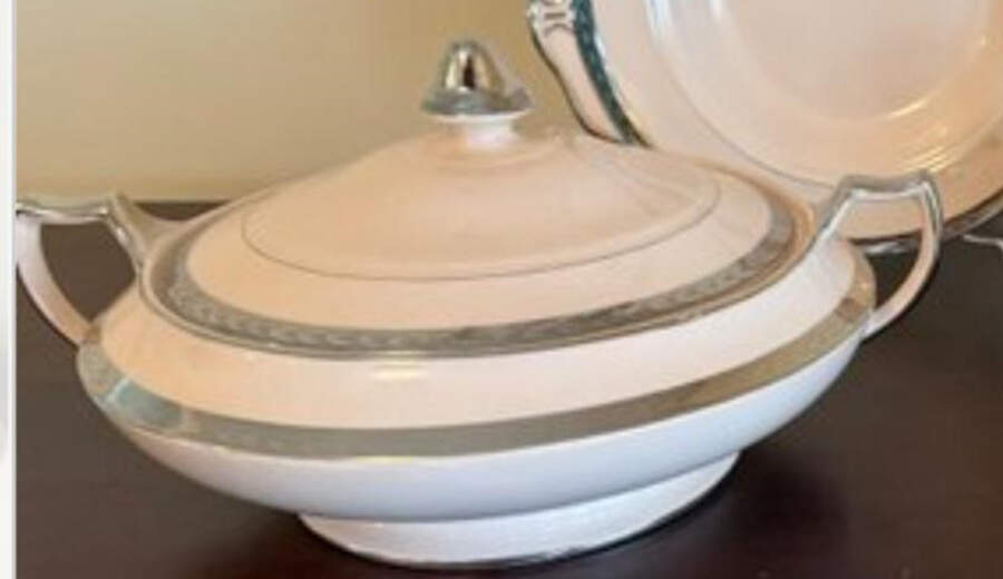 Etched Platinum (On Edge) Round Covered Vegetable by Limoges-American-1