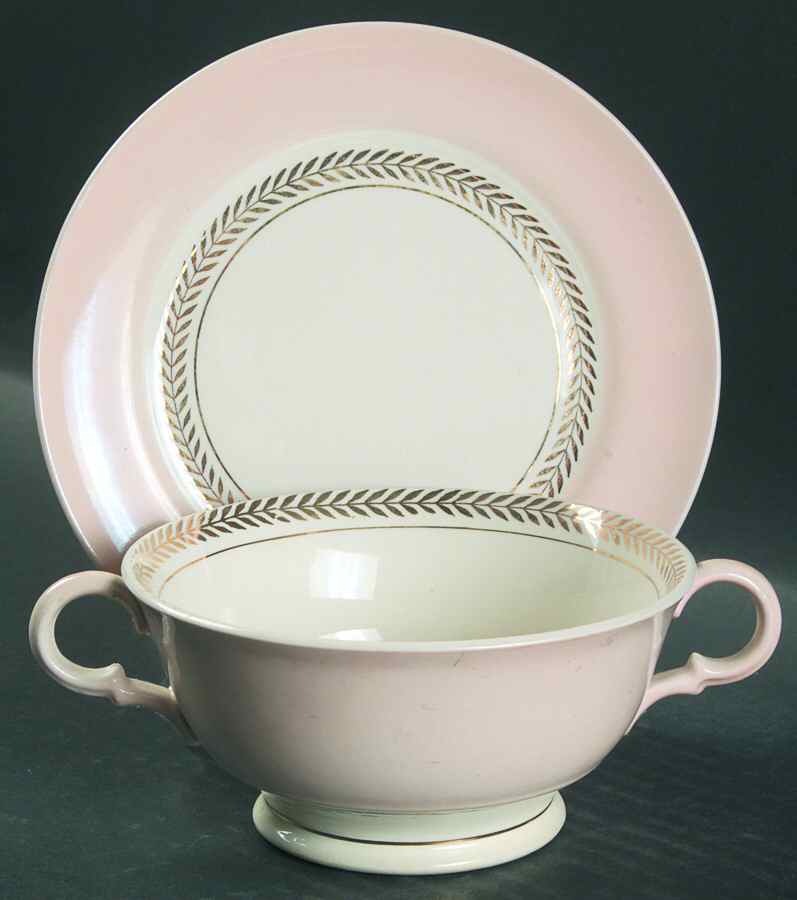 Federal Coral Pink Footed Cream Soup Bowl & Saucer Set by Limoges-American-1