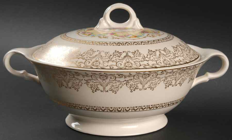 June Rose (Gold Filigree Rim) Round Covered Vegetable by Limoges-American-1