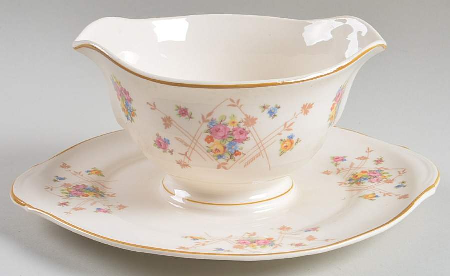 New Princess (Smooth, Yellow Trim) Gravy Boat with Attached Underplate by Limoges-American-1