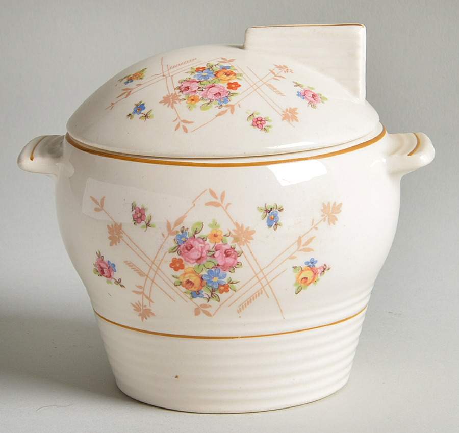 New Princess (Smooth, Ridges, Yellow Trim) Sugar Bowl & Lid by Limoges-American-1